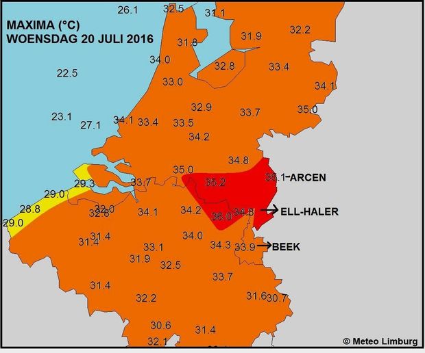 Maximumtemperaturen in de Nederland en België op woensdag 20 juli 2016