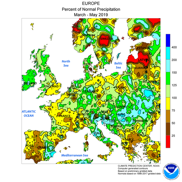Afwijking van de neerslag in Europa t.o.v. normaal in de lente van 2019