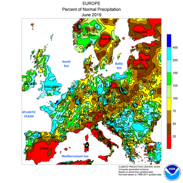 Afwijking van de neerslag in Europa t.o.v. normaal in juni 2019