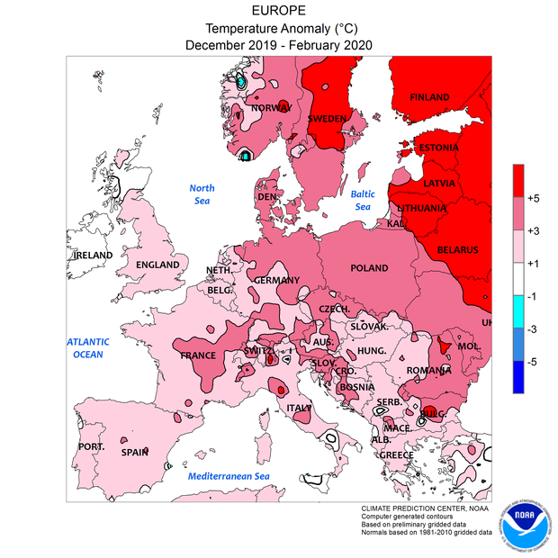 Afwijking van de temperatuur in Europa t.o.v. normaal in de winter van 2020