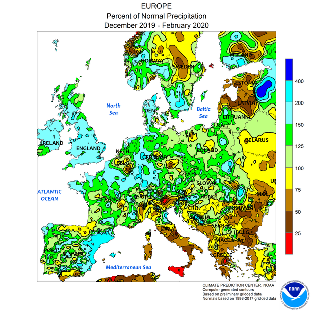Afwijking van de neerslag in Europa t.o.v. normaal in de winter van 2020