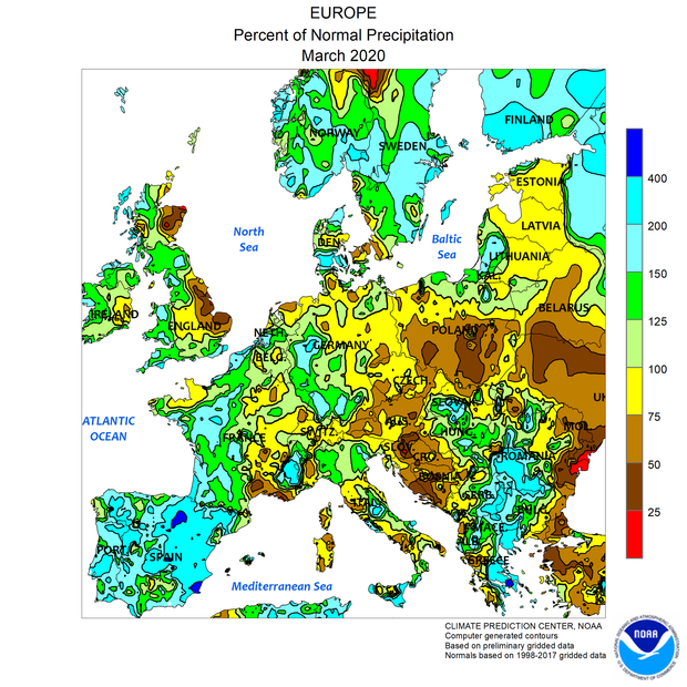 Afwijking van de neerslag in Europa t.o.v. normaal in maart 2020