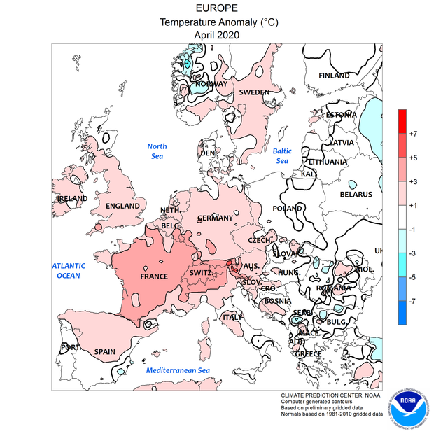 Afwijking van de temperatuur in Europa t.o.v. normaal in april 2020