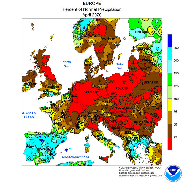 Afwijking van de neerslag in Europa t.o.v. normaal in april 2020