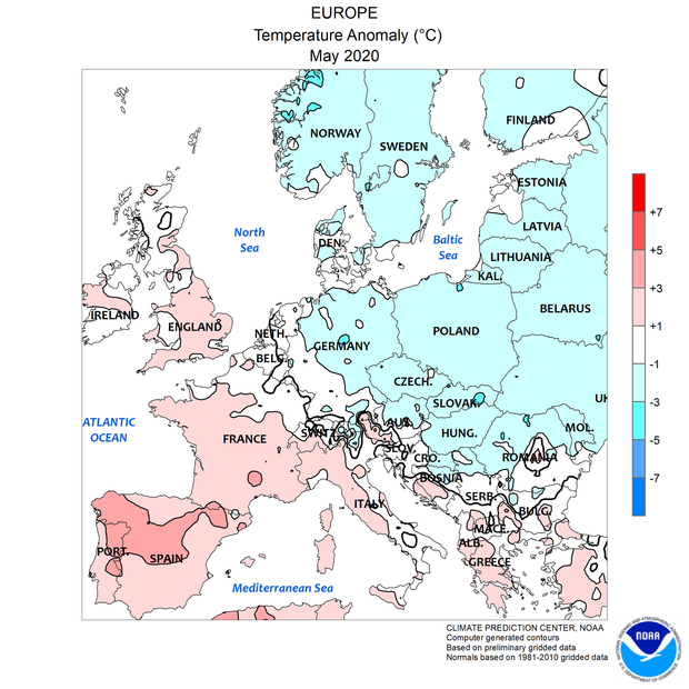 Afwijking van de temperatuur in Europa t.o.v. normaal in mei 2020