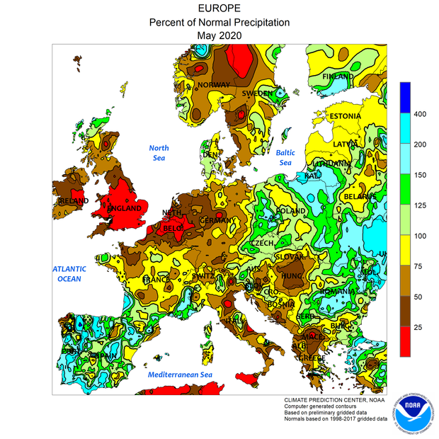 Afwijking van de neerslag in Europa t.o.v. normaal in mei 2020