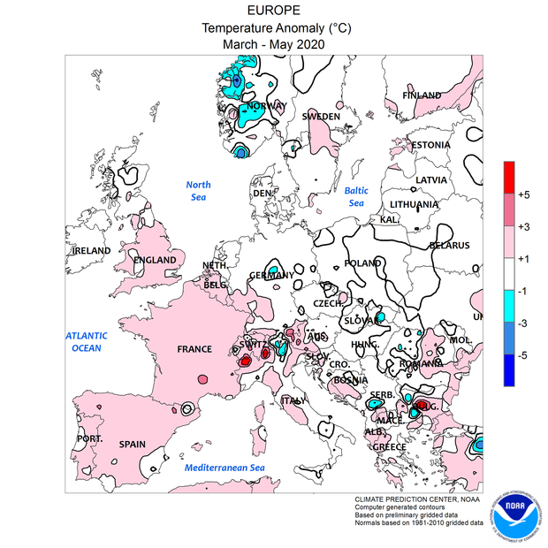 Afwijking van de temperatuur in Europa t.o.v. normaal in de lente van 2020