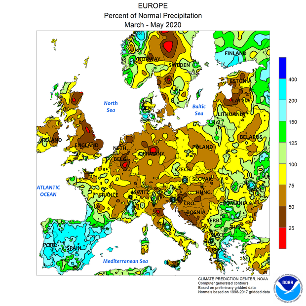 Afwijking van de neerslag in Europa t.o.v. normaal in de lente van 2020