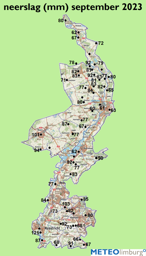 Neerslagtotalen in mm in Limburg in september 2023